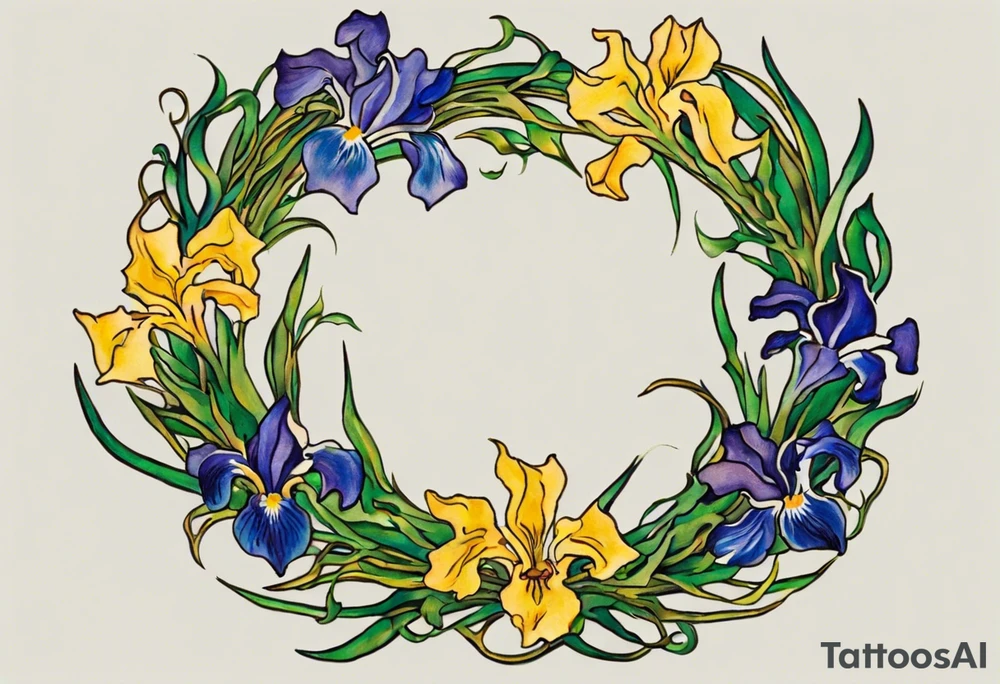 Create a small colorful Vincent van Gogh Irises tattoo in the form of a crescent, with vines or Celtic knots gracefully intertwining at a central point in the middle of the wreath.  In the middle of the wreath are mountains and other items found in New Mexico. Ensure that the design avoids the appearance of a bush and maintains a more structured and deliberate arrangement. The intended placement is on the upper chest. The overall design should be small in size while maintaining a delicate and artistic aesthetic. Pay attention to the graceful flow of the vines and the placement of the irises to achieve a refined and elegant look. tattoo idea