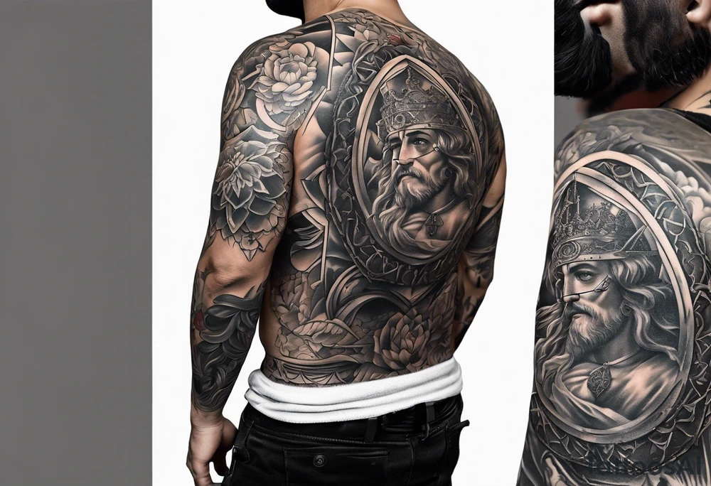 An aesthetic tattoo that is placed on the upper back of a male. It should represent catholic religion, discipline, pain tattoo idea