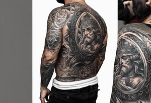 An aesthetic tattoo that is placed on the upper back of a male. It should represent catholic religion, discipline, pain tattoo idea