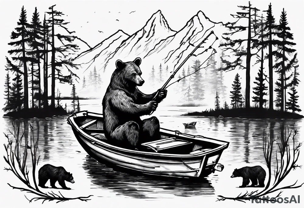 bear, forest, lake, small man on a fishing boat, appalachia tattoo idea