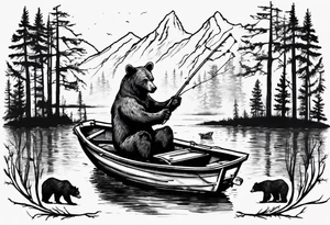bear, forest, lake, small man on a fishing boat, appalachia tattoo idea