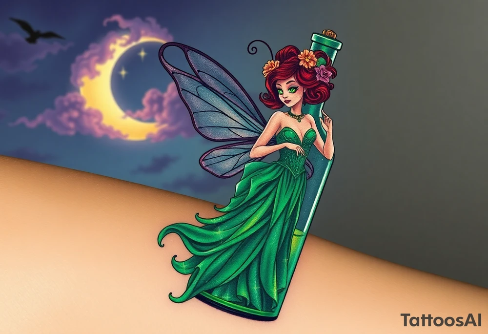 Tim Burton’s kelly doty pin up style Vintage Parisian elegant and hauntingly beautiful yet eerie full body absinthe Green Fairy dances outside her victorian crystal decatur she was once inside this elaborate ornate bottle absinthe bottle Absinthe Art Nouveau   and dripping with muted reds, dusty pinks, and eerie green glow.purple and cyan smokey clouds swirl in the crescent moonlit sky thats sprinkled with stars tattoo idea