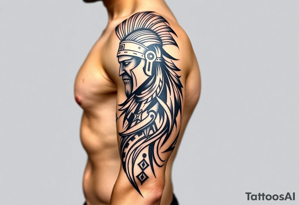 Roman Gladiator on the shoulder with tribal markers down the arm tattoo idea