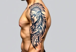 Roman Gladiator on the shoulder with tribal markers down the arm tattoo idea