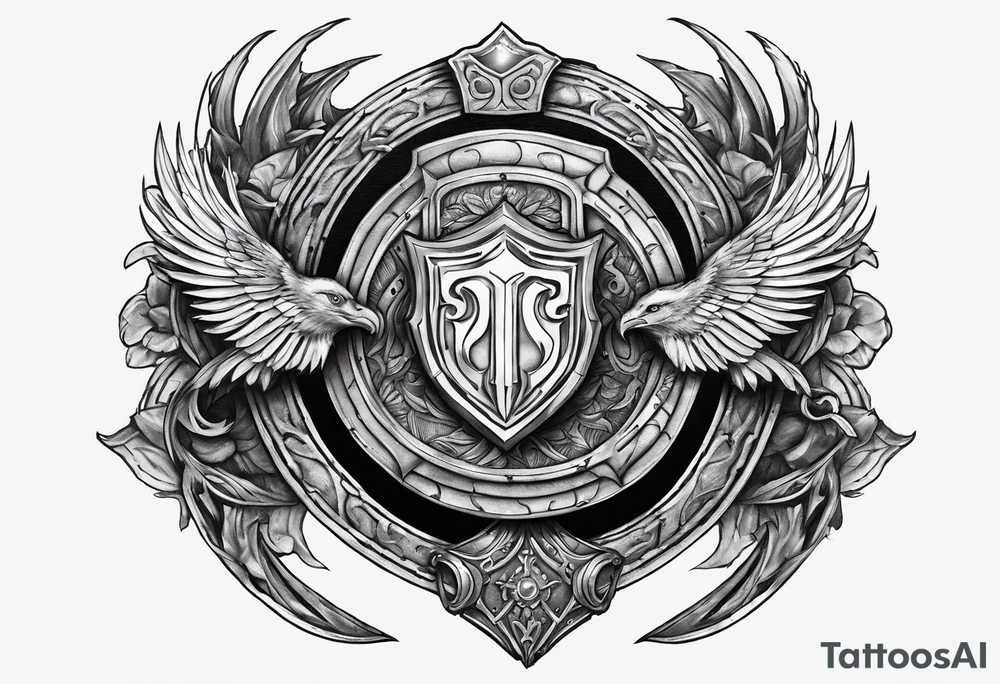 half sleeve, upper arm and shoulder, leather armor.  The crest on the shoulder is an ouroboros tattoo idea