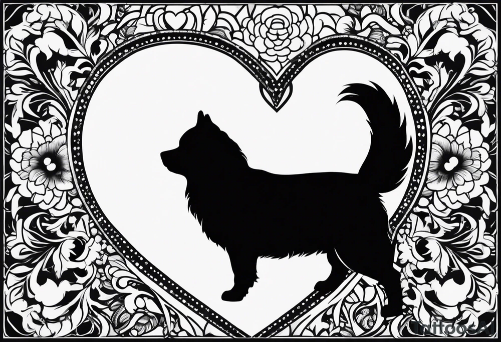 Silhouette of pomeranian dog, cat, turtle and guinea pig all arount heart tattoo idea