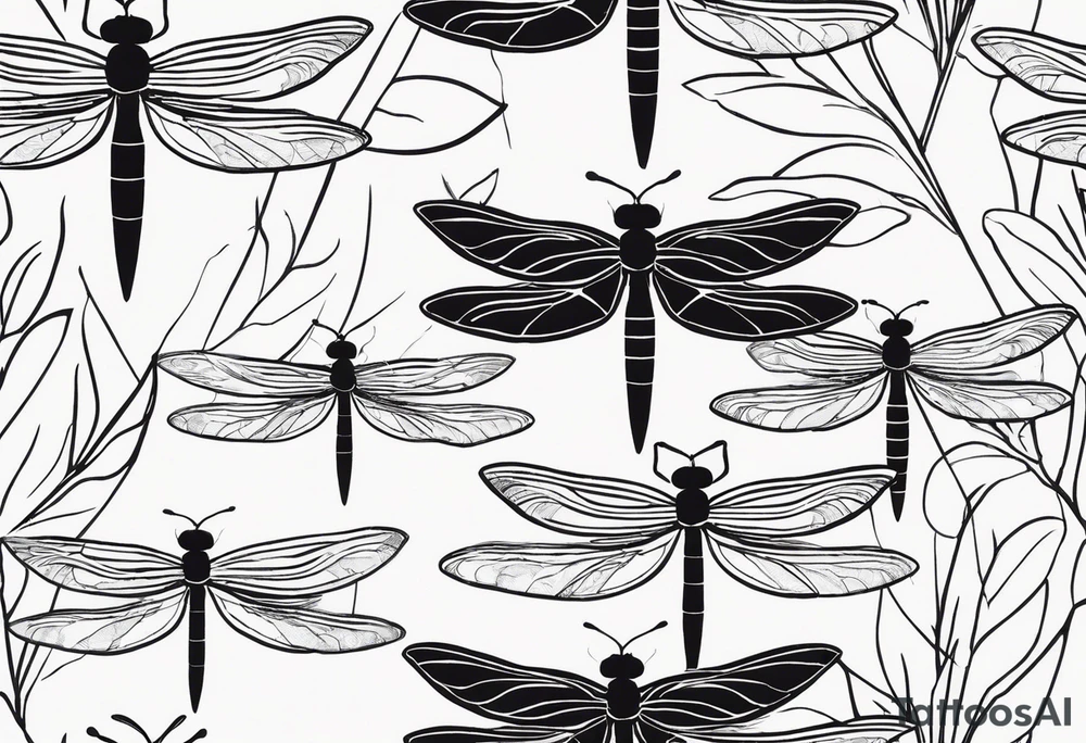A black-and-white silhouette pattern of dragonflies with delicate wings and leaves. The dragonflies are depicted in sharp, elegant lines, their wings outlined in bold black, while their bodies are slender and precise. The leaves surrounding them are simplified into flowing, abstract shapes, outlined in solid black, with no shading or gradient. The background is minimalistic, with soft, cloud-like shapes in white, adding texture to the design. The entire pattern is a strong contrast between solid black silhouettes of dragonflies and leaves against a white backdrop, capturing movement and nature in a high-contrast, stylized form. tattoo idea
