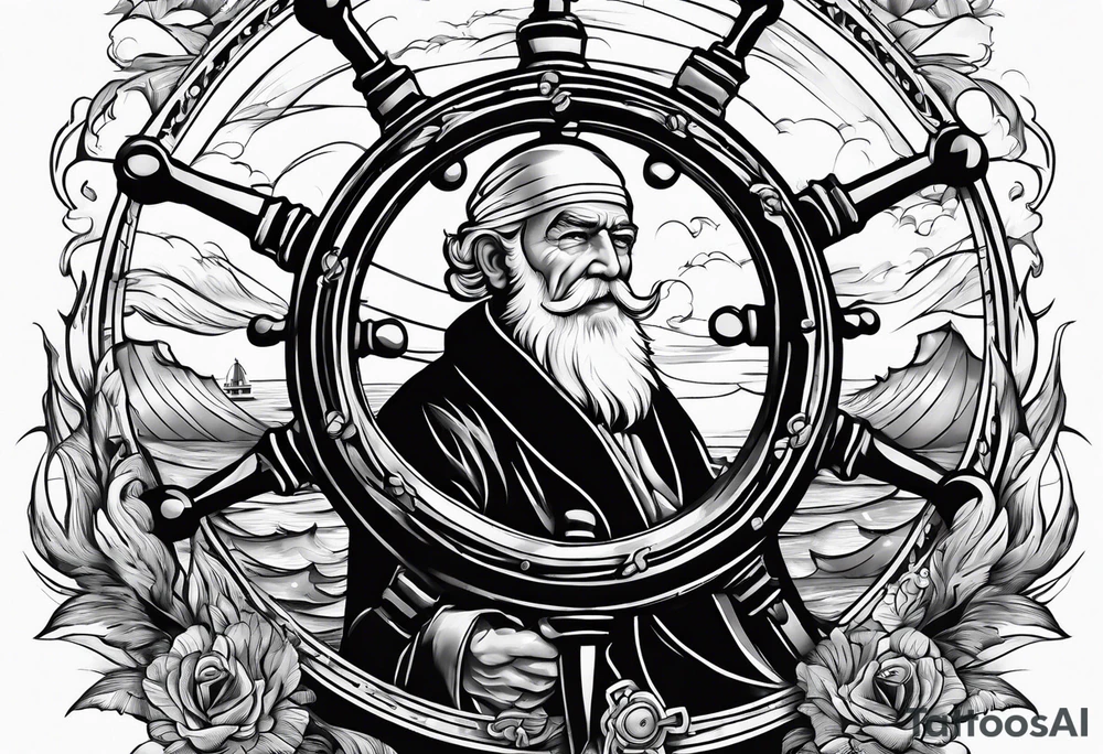 Old man turning ships wheel in a storm tattoo idea