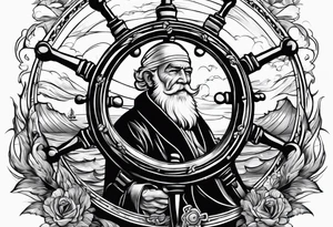 Old man turning ships wheel in a storm tattoo idea