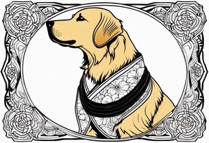 a golden retriever in a kimono full body view wearing a black karate belt tattoo idea