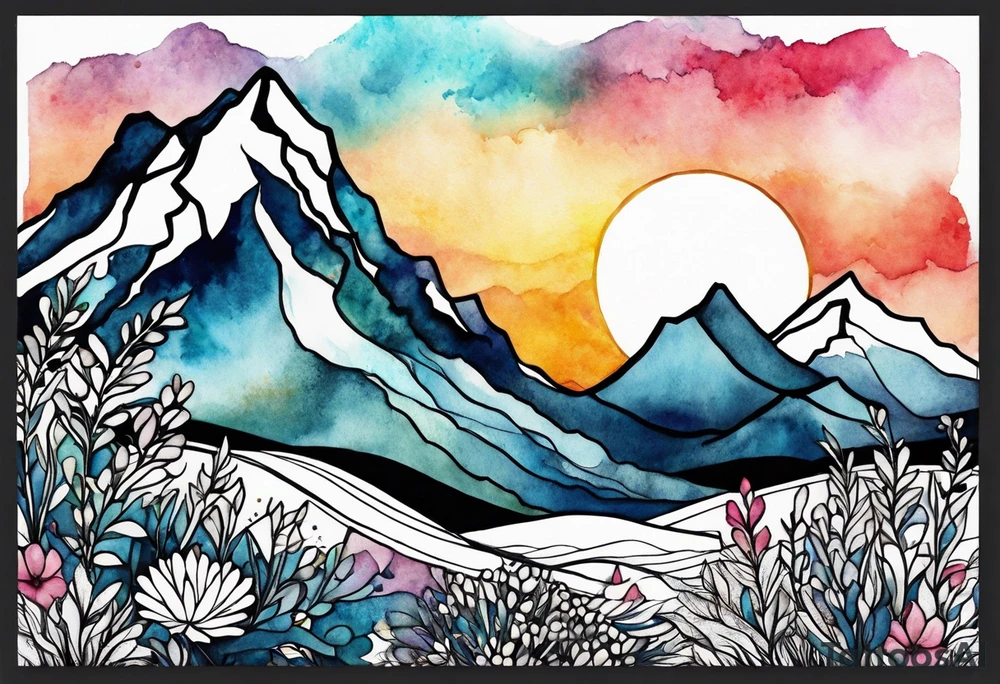 4-6in wildflower in watercolor represents overcoming challenges & strength - mountains, waves with a little sunshine tattoo idea