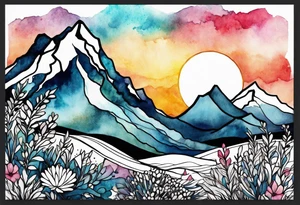 4-6in wildflower in watercolor represents overcoming challenges & strength - mountains, waves with a little sunshine tattoo idea