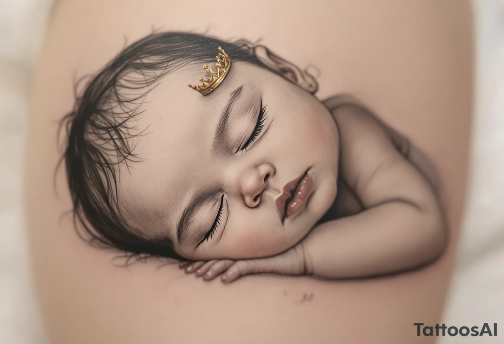 Profile portrait of a baby girl’s sleeping face with a tiny gold crown, shaded in grayscale with realistic detail. tattoo idea