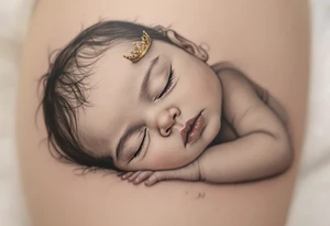 Profile portrait of a baby girl’s sleeping face with a tiny gold crown, shaded in grayscale with realistic detail. tattoo idea