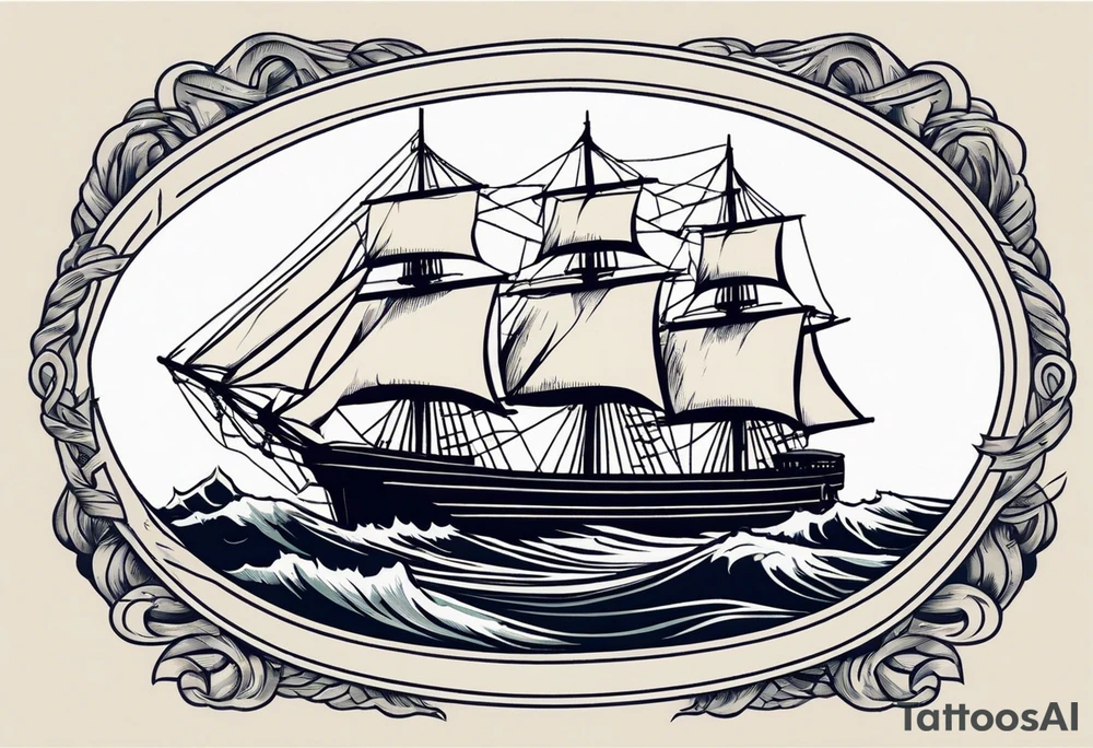 sailing ship in rough seas, front porfile, in oval with rope border, super imposed over crossed cannons, banner at bottom that says US Navy tattoo idea