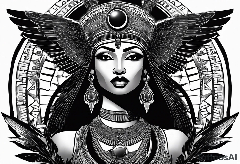 black and white Egyptian goddess Isis, who is often depicted as a woman with outstretched wings, holding an ankh (a symbol of life) in one hand and a lotus flower in the other. Her headdress often includes a throne or a solar disk. The tattoo design can vary in style and size, but it typically aims to capture the essence of this revered Egyptian deity, emphasizing her beauty, power, and maternal qualities. The choice of colors and additional elements can also be customized to create a unique and visually striking representation of the goddess Isis tattoo idea