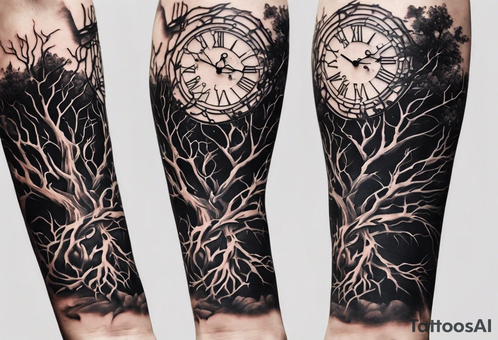 tattoo sleeve, tree roots break out of the chains at the bottom of the hand, Symbolizing loss, an image of a broken mask, Clock with flying numbers, tattoo idea