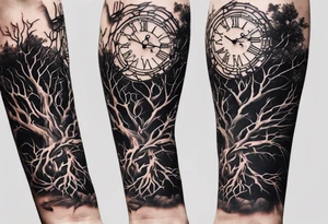 tattoo sleeve, tree roots break out of the chains at the bottom of the hand, Symbolizing loss, an image of a broken mask, Clock with flying numbers, tattoo idea