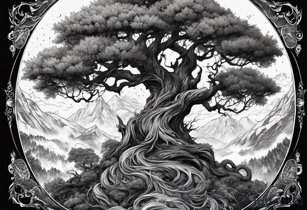 Tree of yigdrassil with dragon and skulls tattoo idea