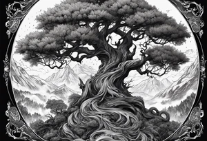 Tree of yigdrassil with dragon and skulls tattoo idea