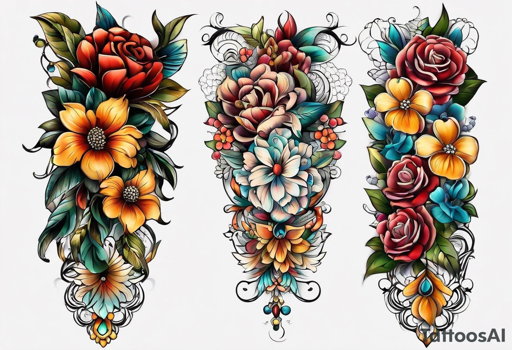 Floral leg piece with beading and lace tattoo idea. colorful, old school flowers, highly detailed, florals. white background. intricate highly detailed, tattoo idea