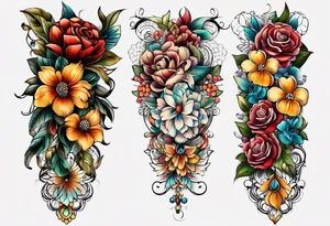 Floral leg piece with beading and lace tattoo idea. colorful, old school flowers, highly detailed, florals. white background. intricate highly detailed, tattoo idea