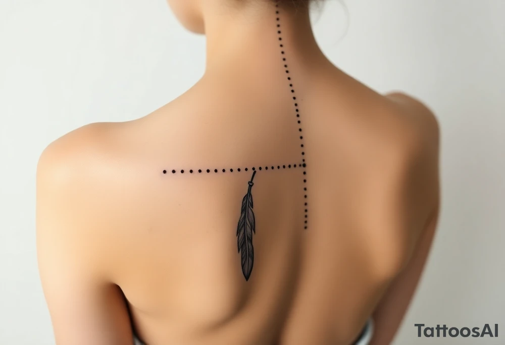 Thin spinal tattoo following down the spine in a native style with multiple different lengths flowing lines made of a discreet connection of morse code ".--- .- --.     .-.. ... -.- .- .-.   -.. .. --.     .-.. .. .-.. .-.. . -... .-. --- .-. connected to flowing feathers tattoo idea