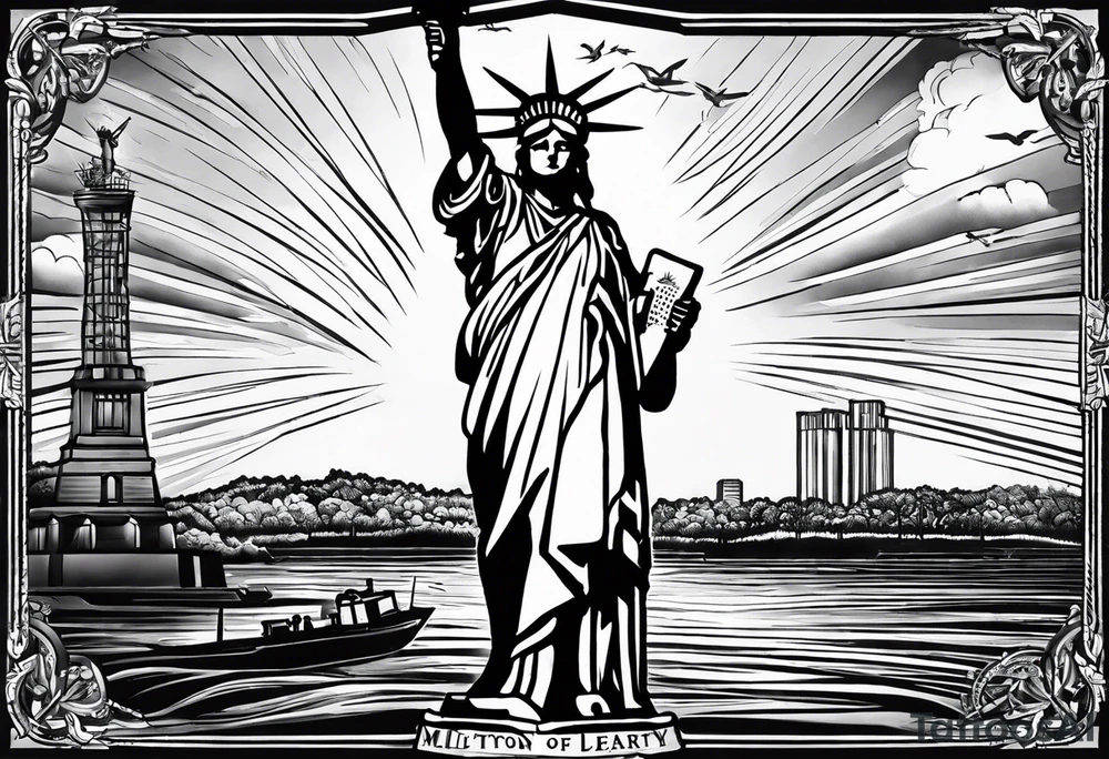 Left sleeve tattoo for a man who was in the Coast Guard on September 11, 2001 Statue of Liberty Milton Hershey school, Pennsylvania, two daughters tattoo idea