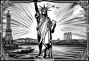 Left sleeve tattoo for a man who was in the Coast Guard on September 11, 2001 Statue of Liberty Milton Hershey school, Pennsylvania, two daughters tattoo idea