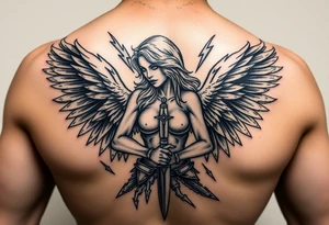 Fierce Female Angel warrior with dagger and lighting bolts going around body Greek mythology style with dark shading tattoo idea