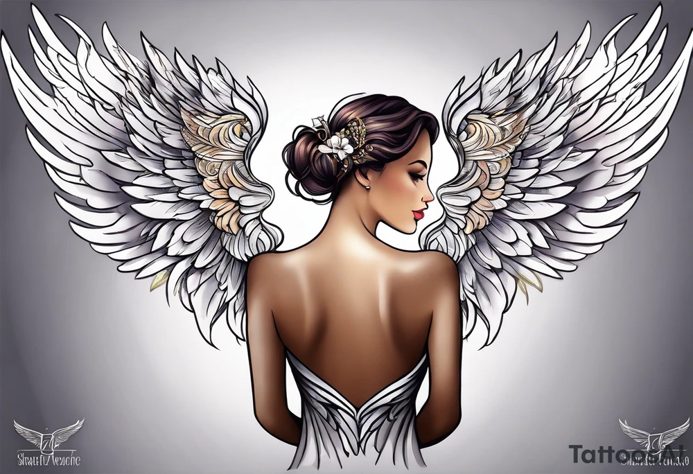 beautiful angel wings. with flilgree in the background tattoo idea