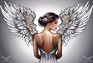 beautiful angel wings. with flilgree in the background tattoo idea