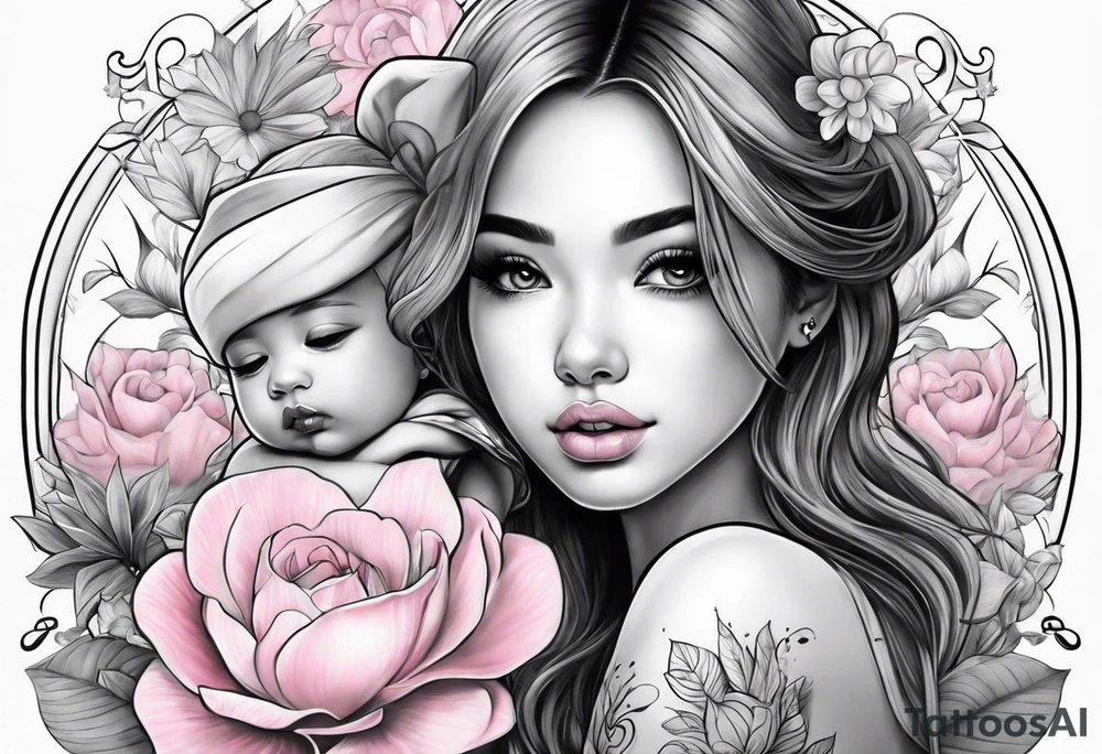 a cute girl with baby flower pink color tattoo idea