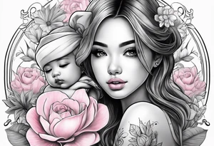 a cute girl with baby flower pink color tattoo idea