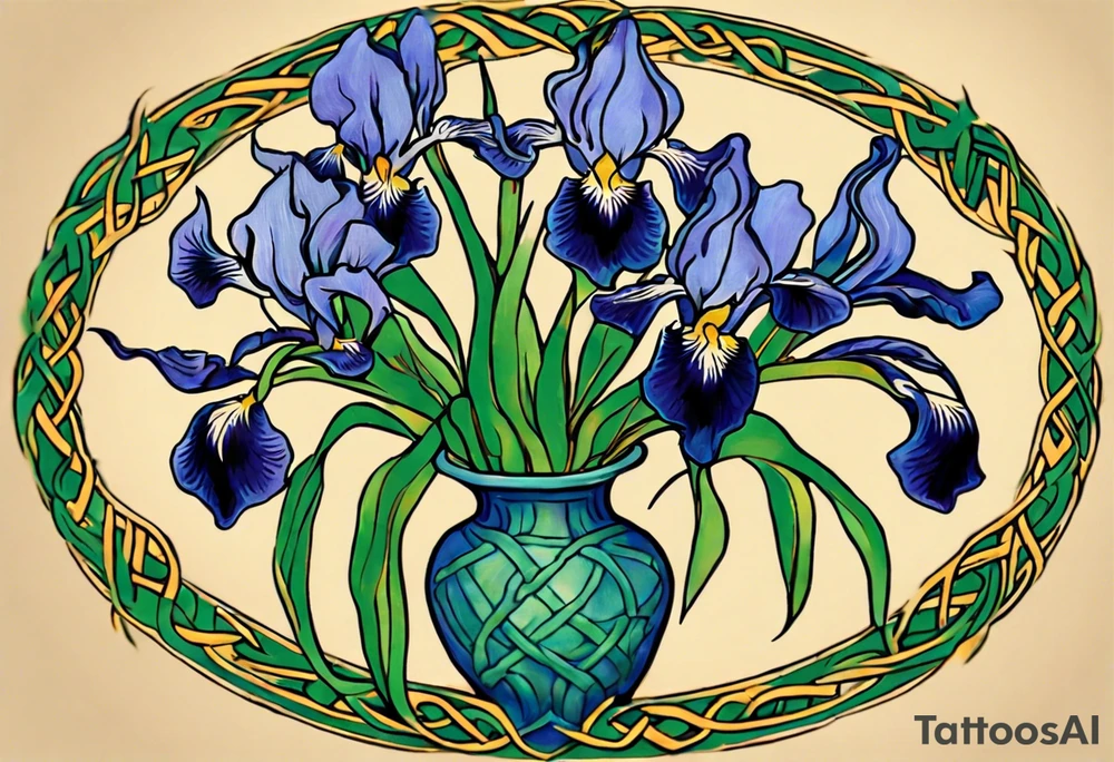 Create a colorful Vincent van Gogh's Irises tattoo, with vines in Celtic knots gracefully holding mountains in a wreath. The intended placement is on the upper chest. The overall design should be small in size while maintaining a delicate and artistic aesthetic. Pay attention to the graceful flow of the vines and the placement of the irises to achieve a refined and elegant look. tattoo idea