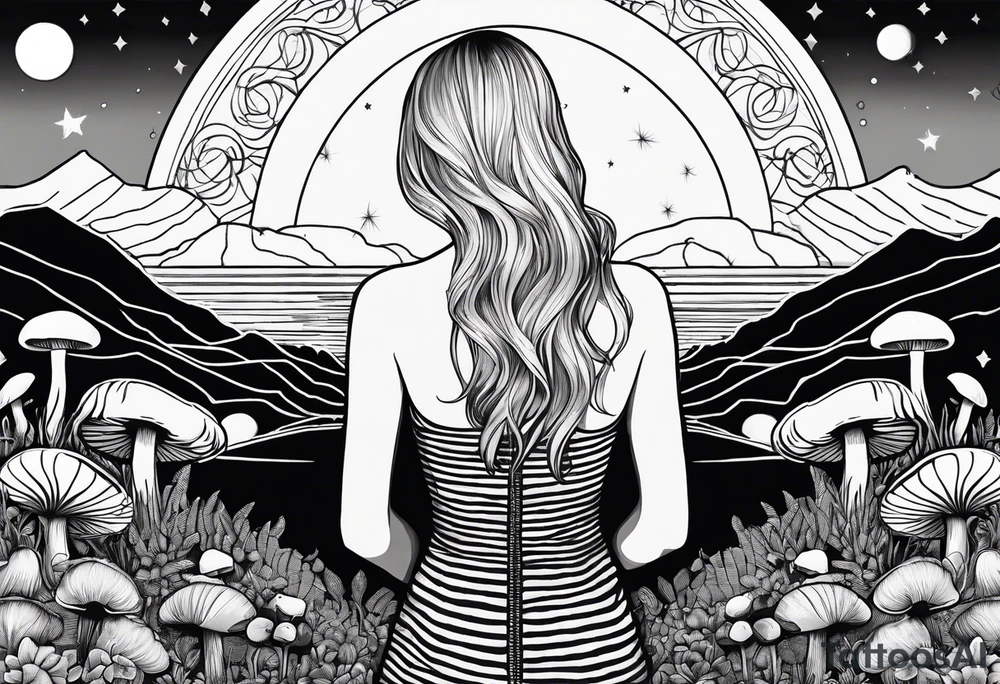 Straight blonde hair girl facing away toward mountains surrounded by mushrooms crescent moon mandala circular design black and white striped dress tattoo idea