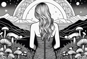 Straight blonde hair girl facing away toward mountains surrounded by mushrooms crescent moon mandala circular design black and white striped dress tattoo idea