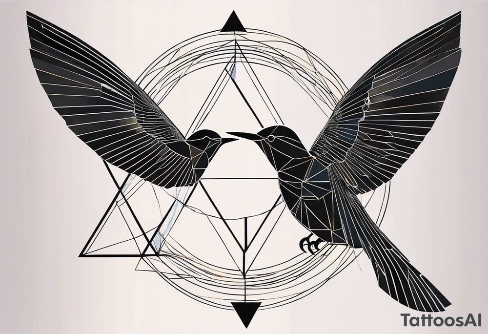 Geometric but feminine. Symbolic of connection, beauty in imperfection, femininity, duality within oneself, possibility, intuition, hope, joy, spirituality and resilience. Include double triangle, unclosed triangle (delta), triangle with black tip, crescent moon, unclosed circle completed with dots or broken line, hummingbird and swallow birds. tattoo idea