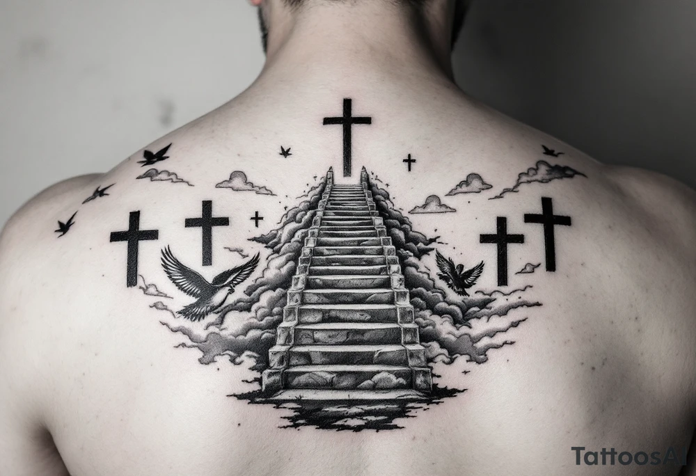 I want a tattoo on my lower arm, I want doves and three crosses at the bottom and I want stairs and clouds with a bible scripture tattoo idea