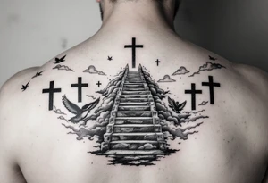 I want a tattoo on my lower arm, I want doves and three crosses at the bottom and I want stairs and clouds with a bible scripture tattoo idea