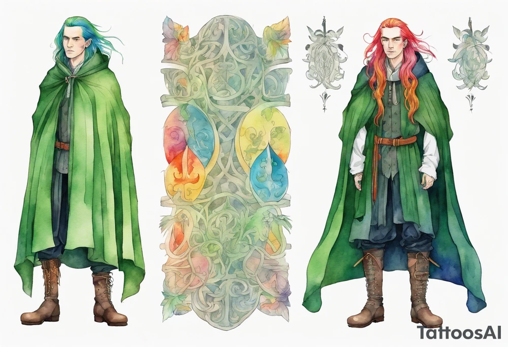 A tall, beautiful Swedish man with long rainbow hair. Green tinted skin. Wearing a medieval cloak and boots. tattoo idea