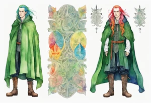 A tall, beautiful Swedish man with long rainbow hair. Green tinted skin. Wearing a medieval cloak and boots. tattoo idea