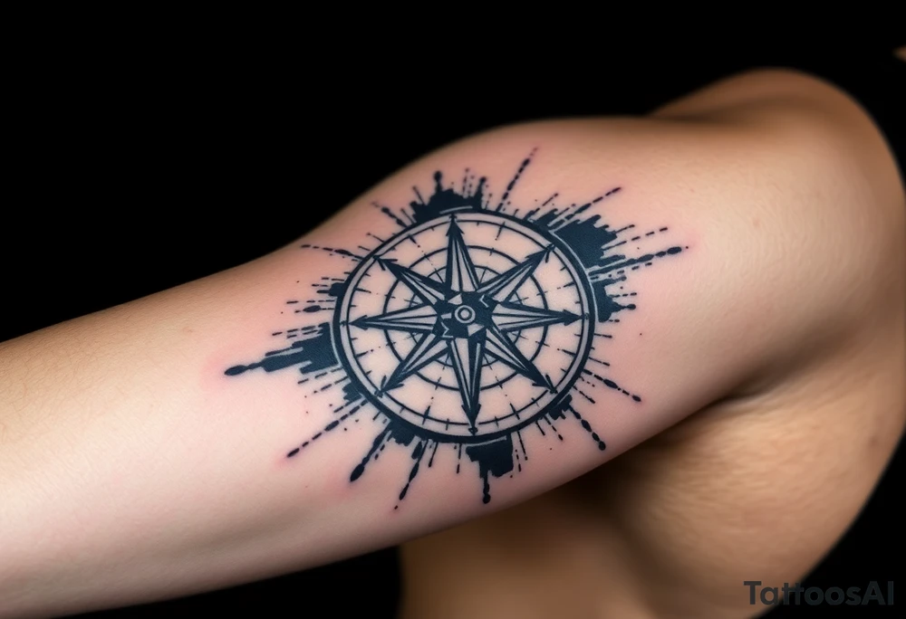 Compass tattoo in trash polka style with elements of blackwork, abstraction, geometry and sketch hatching, asymmetrical, torn, rough, with splashes and roughness, chaotic, raw and rough. tattoo idea