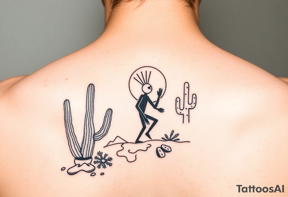 Kokopelli symbol in desert scene with cactus and sun tattoo idea