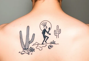 Kokopelli symbol in desert scene with cactus and sun tattoo idea