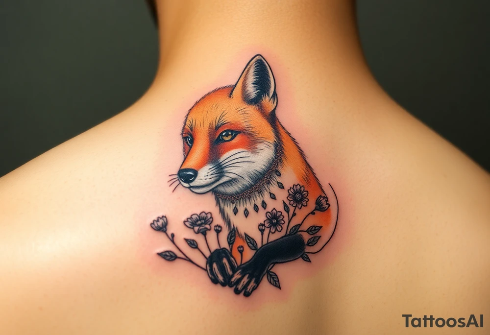 adult fox with jewelry smelling wild flowers tattoo idea
