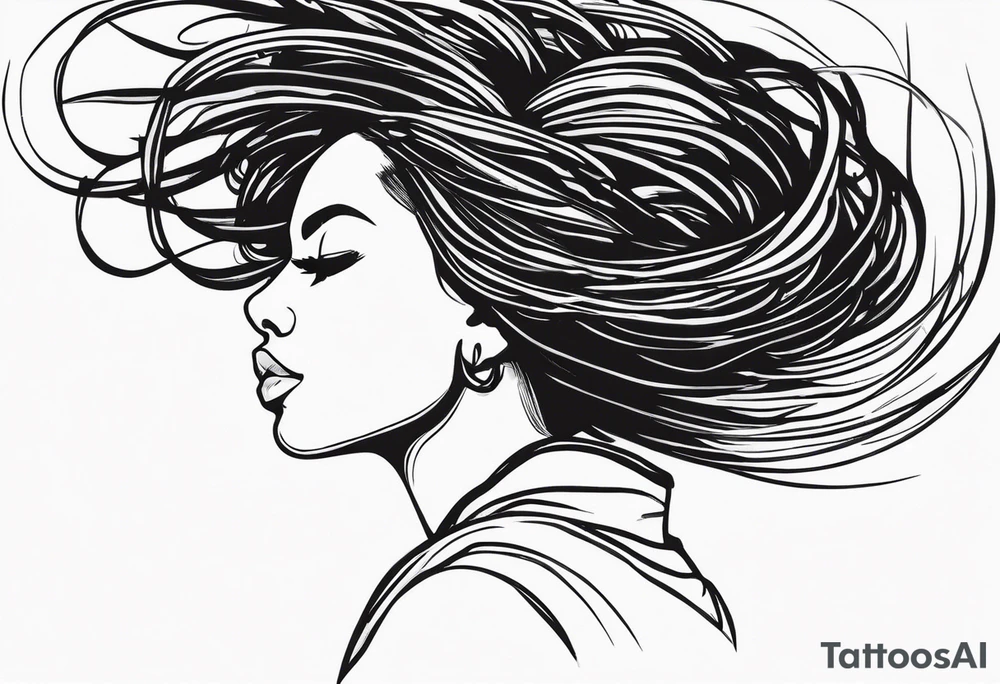 Draw a women head with real dread locks flying in the air, all hair should be to see tattoo idea