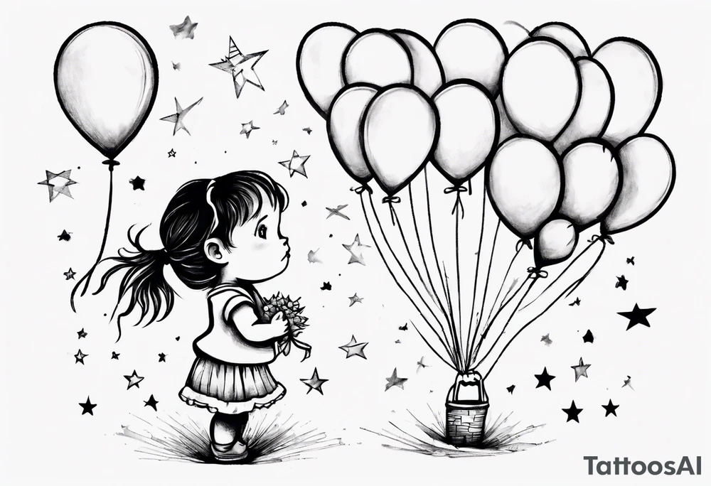 Little girl holding on to heart and star balloons and going up to the sky tattoo idea
