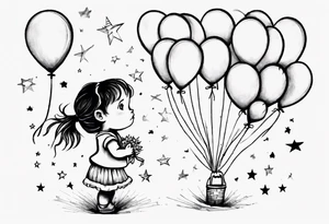 Little girl holding on to heart and star balloons and going up to the sky tattoo idea