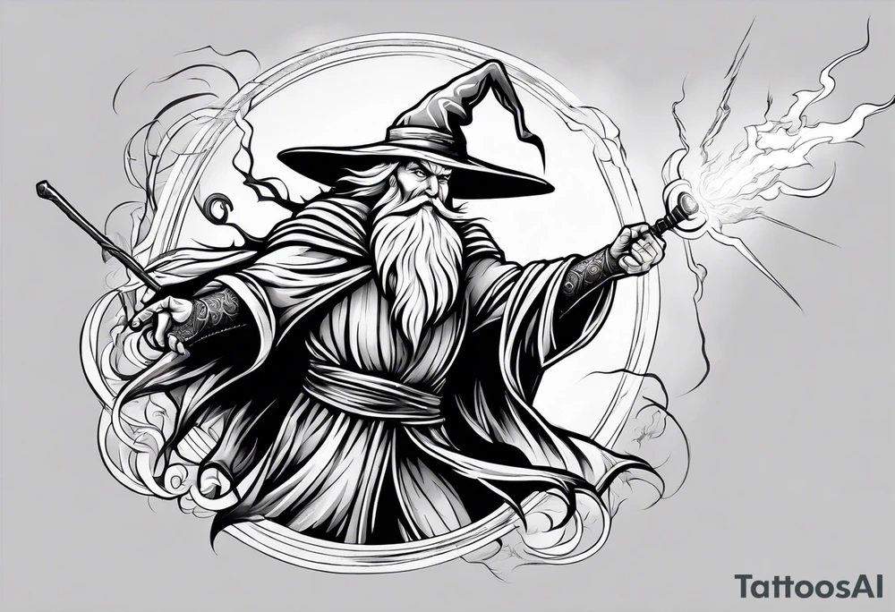 Wizard controlling lightning with a staff with blue arc ball tattoo idea